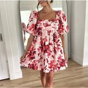 Abercrombie & Fitch Emerson Poplin Puff Sleeve Floral Mini Dress White XS